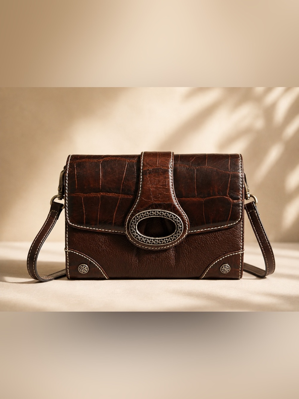 Vintage Brighton Brown Leather Croc Embossed Crossbody Shoulder Bag